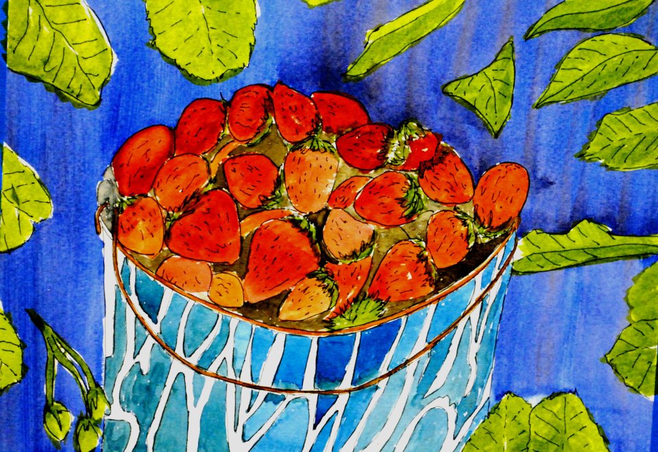 Vibrant watercolor of strawberries overflowing a blue and white striped basket