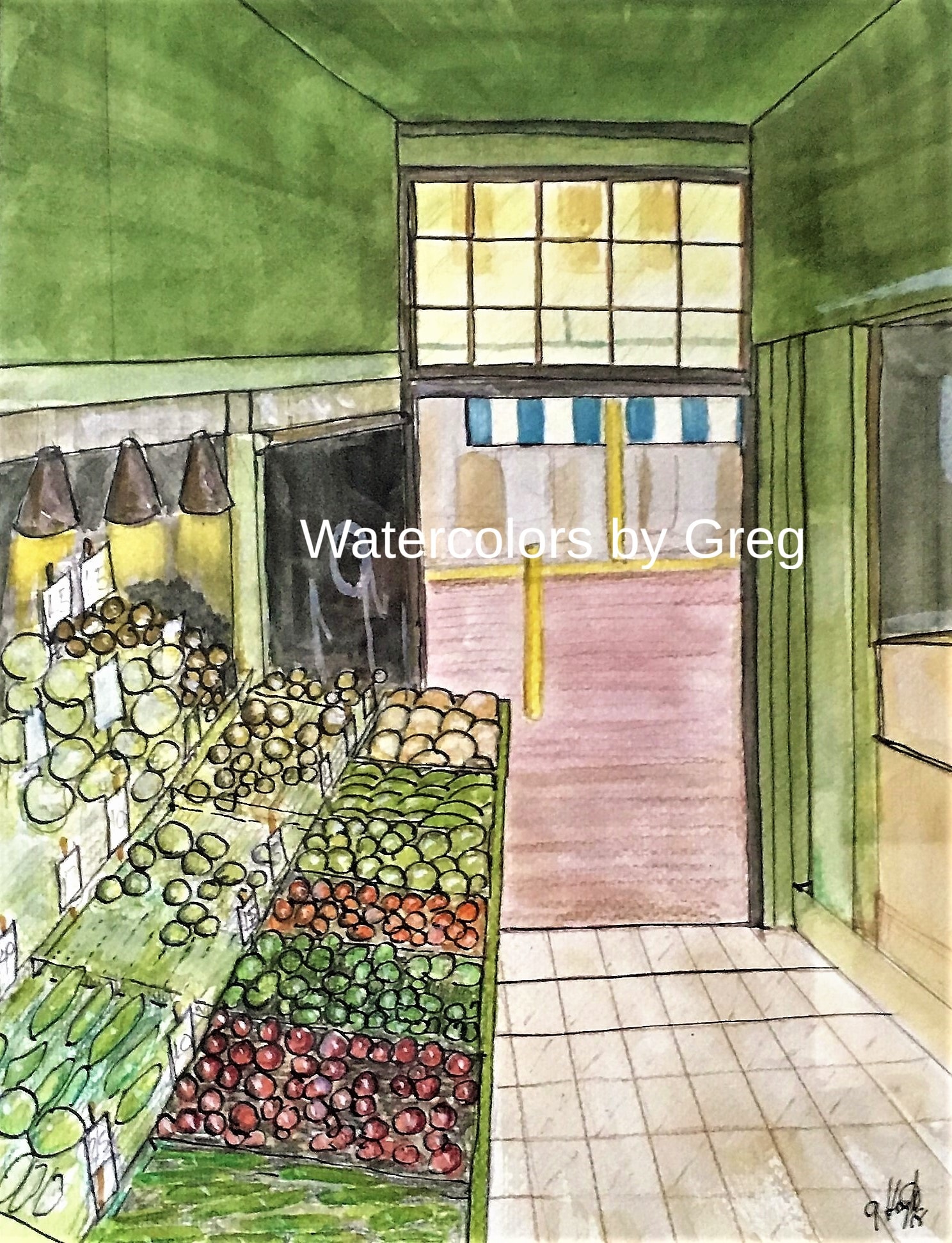 Watercolor of a charming produce market interior with fresh vegetables and striped awning
