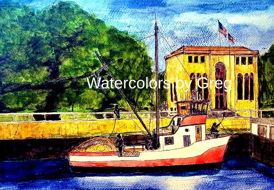 Watercolor of a coastal harbor with a red and white fishing boat and yellow building
