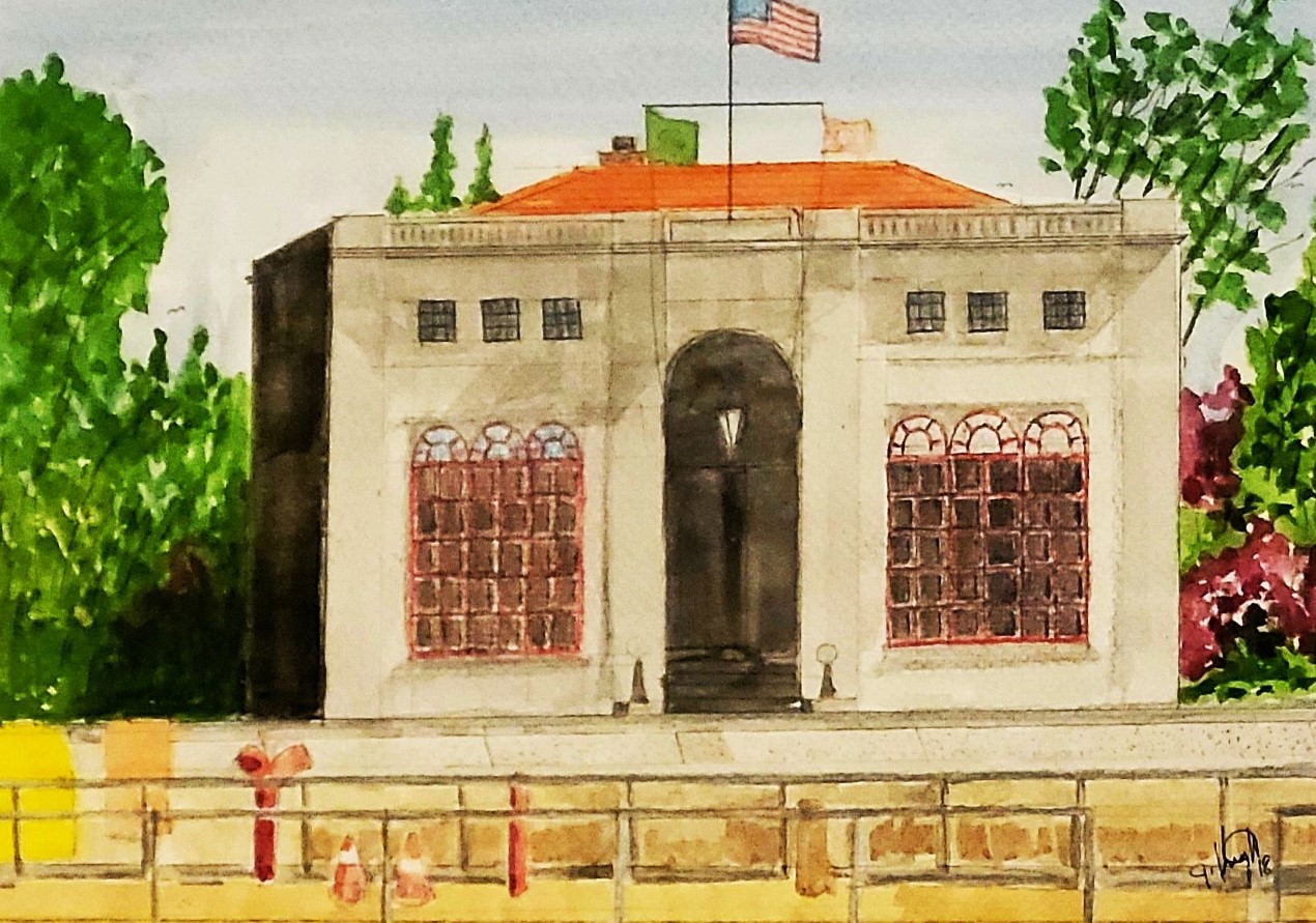 Watercolor of a cream-colored fortified military building with an American flag