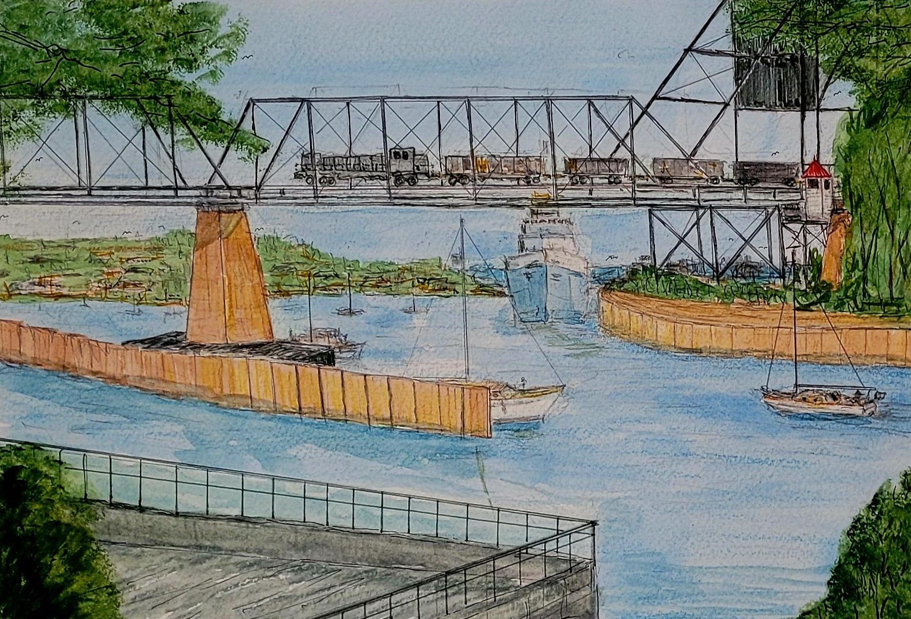 Detailed watercolor of a busy waterway with a train crossing a steel bridge and sailboats