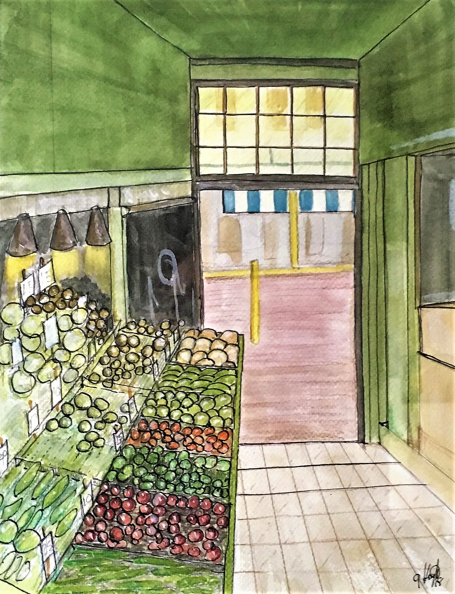 Watercolor of a charming produce market interior with fresh vegetables and striped awning